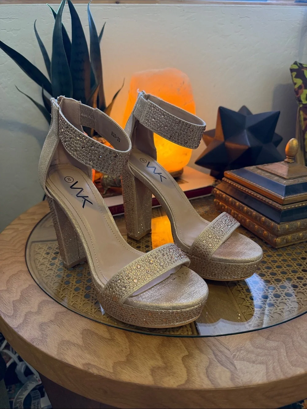 Wk Gold Glitter Platform Block Heel Sandals